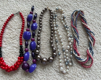 Lot of 5 Plastic Beaded Necklaces from the 1970s, Boho, Shabby Chic