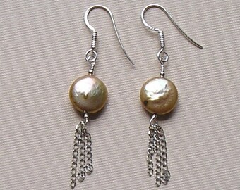 Gold Coin Pearl, Sterling Silver Drop Earrings, dangle earrings, wedding, birthday, chain dangle french ear wire, wire wrapped, round