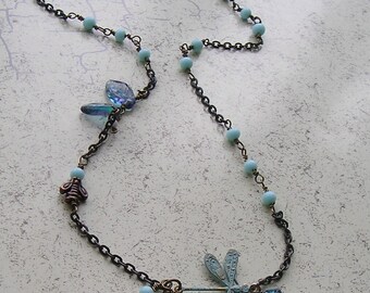 Brass Sky Blue Patina Dragonfly Necklace with Antique Japanese Glass Stones, Czech glass, copper bee, birthday, handmade, glass leaves