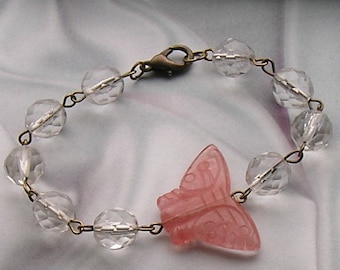 Clear Glass Rosary Style Bracelet with Pink Butterfly, rose quartz butterfly, handmade bracelet, birthday, lobster claw clasp, unique