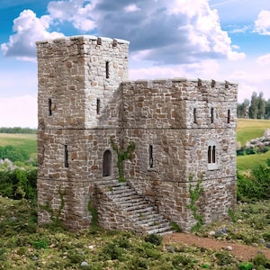 May include: A stone tower with a small entrance and a set of stairs leading up to the tower. The tower is surrounded by green grass and bushes.