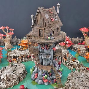 Grot toren tafelblad bouwplatforms paddenstoelen kristallen prop afdrukbaar landschap Fantasy RPG miniatuurspel 3D-gedrukte TTRPG Goblin Grotto