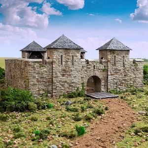 May include: A stone castle gatehouse with a drawbridge, two towers, and a stone archway. The gatehouse is surrounded by a dirt path and green grass.