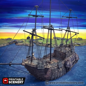 Black Ship: Dark Fantasy Terrain, Piratenoorlogsschip, Tabletop Wargaming, Ocean Skirmish, Cursed Undead Galleon