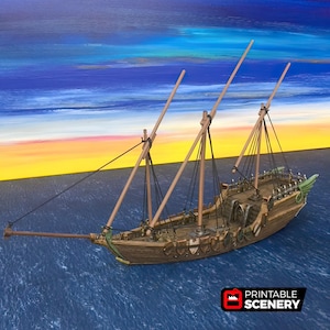 Könnte beinhalten: Ein detailliertes Holzmodell eines Segelschiffs mit drei Masten und Takelage, vor dem Hintergrund eines farbenfrohen Himmels und Ozeans. Das Schiff weist komplizierte Details auf, darunter dekorative Elemente und ein langer Bugspriet. Das Bild enthält den Text "PRINTABLE SCENERY".