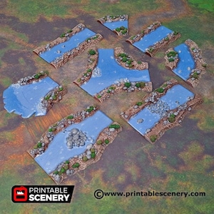 May include: A set of eight blue river stream tiles for tabletop gaming. The tiles are made of a brown material with a textured surface and feature a blue river running through them. The tiles are designed to be used in tabletop games to create a realistic river environment.