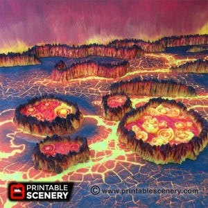 May include: A vibrant, digitally rendered landscape featuring a fiery, volcanic scene. The image showcases a cracked, lava-like surface with raised, island-like formations. The color palette includes shades of red, orange, yellow, and blue, creating a dramatic and otherworldly effect. The text "PRINTABLE SCENERY" is visible.