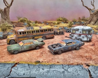 Wrecked Cars Tabletop Scatter Post Apocalypse Wasteland Abandoned Vehicles Sci-fi Futuristic Game RPG Printable Scenery Bus Caravan