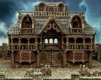 May include: A detailed model of a wooden building with a gabled roof, multiple windows, and a large double door. The building has a weathered, aged appearance and is set against a backdrop of a cloudy sky.