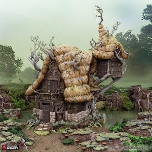 May include: A detailed miniature model of a whimsical treehouse with a thatched roof, wooden walls, and a small porch. The treehouse is built on a base of tree roots and branches, and is surrounded by a lush green forest.