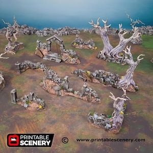 May include: A set of printable scenery pieces for tabletop gaming, featuring a graveyard theme. The set includes stone walls, arches, and trees, all in a weathered gray and brown color scheme. The pieces are designed to be printed and assembled for use in tabletop games.