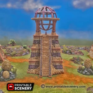 May include: A detailed model of a temple with a domed top and a staircase. The temple is made of tan and brown stone with intricate carvings. The dome is a reddish-purple colour. The model is set on a green grassy landscape.