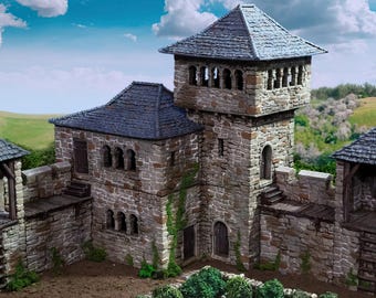 May include: A detailed model of a stone tower with a grey tiled roof, surrounded by a stone wall. The tower has multiple windows and a small doorway. The model is made of paper and is designed to be printed and assembled.