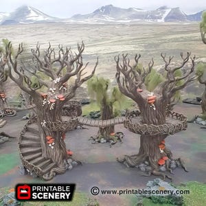 May include: Two intricately detailed, 3D printed, tree structures with a wooden bridge connecting them. The trees have a weathered, bark-like texture and feature a spiral staircase and platforms. The trees are set against a backdrop of a snowy mountain range.
