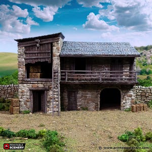 May include: A stone farmhouse with a wooden roof and a balcony. The farmhouse has a hayloft and a ladder leading up to it. There are hay bales in front of the farmhouse.