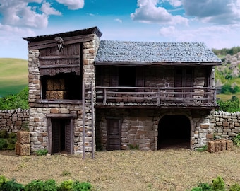 May include: A stone farmhouse with a wooden roof and a balcony. The farmhouse has a hayloft and a ladder leading up to it. There are hay bales in front of the farmhouse.
