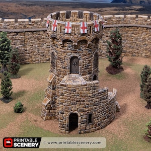 May include: A detailed model of a stone castle tower with a circular design. The tower features a series of arched windows and a wooden door. Red and white flags adorn the top. The tower is surrounded by a stone wall and small evergreen trees.