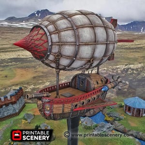 Dwarven Airship Steampunk Transport Vehicle Printable Scenery Tabletop Fantasy RPG Miniature Scatter 3D Printed Battleship Canon Ship Flying