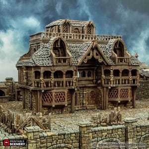 May include: A detailed model of a wooden building with a stone roof, multiple balconies, and a large wooden door. The building is painted in shades of brown and grey, and it has a weathered look. The model is set against a backdrop of a cloudy sky.