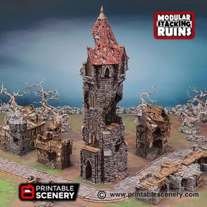 May include: A 3D printed model of a ruined tower with a red roof. The tower is part of a modular stacking ruins set for tabletop gaming. The image includes the text "Modular Stacking Ruins".