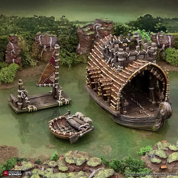 Swamp Boat Set of 3: Tabletop RPG Scenery, Jungle River Crossing Terrain, Wargaming Skirmish