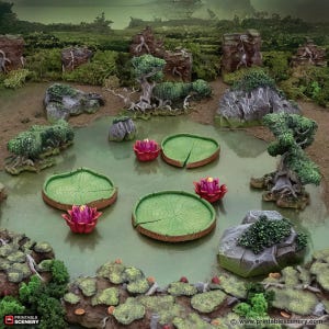 May include: A set of five green lily pads with pink flowers, perfect for tabletop gaming or miniature scenery. The lily pads are made of a durable material and are easy to assemble.