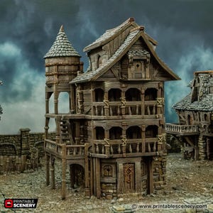 May include: A detailed model of a wooden building with a tower, multiple balconies, and a door. The building is painted in shades of brown and gray, and it has a weathered look. The model is made of paper and is designed to be printed and assembled.