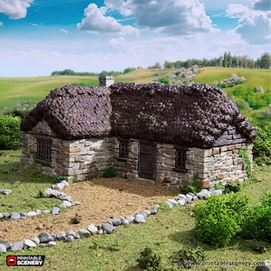 May include: A stone cottage with a thatched roof, a wooden door, and two windows. The cottage is surrounded by a stone wall and green grass.