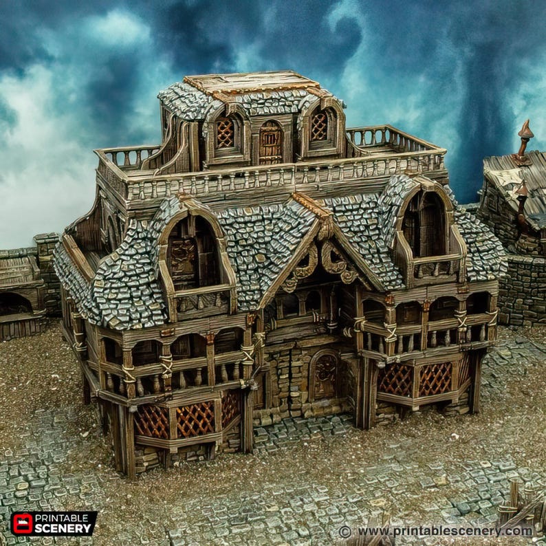 May include: A detailed model of a two-storey building with a wooden frame, stone roof, and multiple balconies. The building has a variety of windows and doors, and is painted in shades of brown and grey.