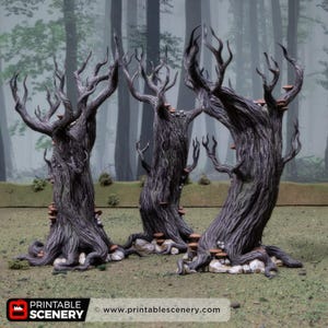 May include: Three dark gray, gnarled tree models with twisted branches and textured bark. The trees have small, brown mushroom-like details and sit on a grassy base. The background features a blurred forest scene.