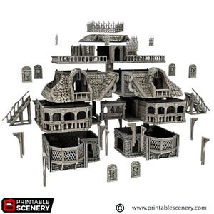 May include: A 3D printed model of a medieval building, disassembled into multiple pieces. The model is made of a light grey plastic and features intricate details, such as windows, doors, and a roof.