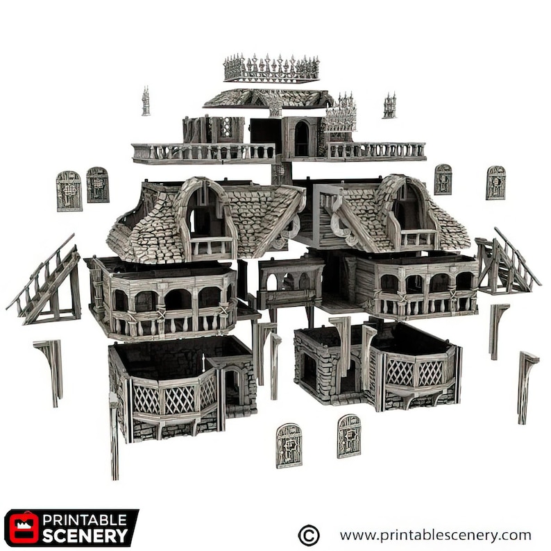 May include: A 3D printed model of a medieval building, disassembled into multiple pieces. The model is made of a light grey plastic and features intricate details, such as windows, doors, and a roof.