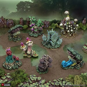 May include: A set of 3D printed miniature alien plants for tabletop gaming. The plants are painted in vibrant colors, including green, blue, purple, and red. The plants are designed to look like they are growing in a swamp or bog.