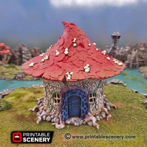 Könnte beinhalten: Ein Miniatur-Pilzhaus mit roter Kappe, weißen Punkten und einer blauen Tür. Das Haus ist aus Stein und hat einen Schornstein. Das Haus ist von grünem Gras und einem kleinen Bach umgeben.