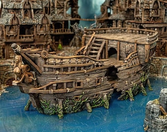Shipwreck: Tabletop Scatter Terrain Ruined Boat RPG Wargaming Model Scenery, Pirate Campaign