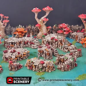 Op de afbeelding: Een miniature tabletop gaming terreinset met een paddenstoelenbos met rode en oranje paddenstoelen, rotsachtig terrein en een blauwe waterbasis. De set is ontworpen voor gebruik in fantasy role-playing games en wargames.