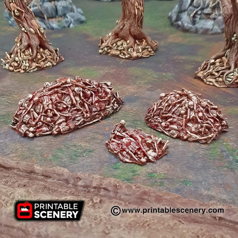 Op de afbeelding: Een stapel botten geverfd in een roodbruine kleur. De botten zijn in een stapel gerangschikt, met enkele botten die uitsteken. De botten bevinden zich op een bruin oppervlak. Printable Scenery www.printablescenery.com