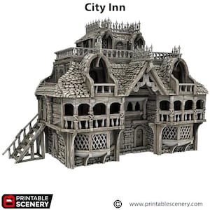 May include: A detailed 3D printed model of a multi-level city inn with a wooden exterior, stone accents, and a steeply pitched roof. The inn has multiple windows, balconies, and a front entrance with a door. The model is designed for tabletop gaming and role-playing.