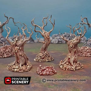 May include: Three skeletal trees with gnarled branches and skulls embedded in the bark. The trees are set on a base of bones and skulls.  The trees are painted in shades of brown and white.