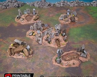 Verstrooid terrein kerkhof: RPG-tafellandschap, graven en doodskisten