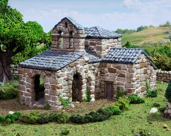 May include: A stone building with a grey tiled roof, arched doorways, and a small door. The building is surrounded by green grass and bushes.