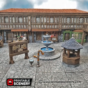May include: A miniature tabletop scene of a medieval town square with a fountain, a well, and a wooden sign. The fountain has two tiers and is made of stone with a blue water effect. The well is made of wood and has a thatched roof. The sign is made of wood and has a blank surface for writing.