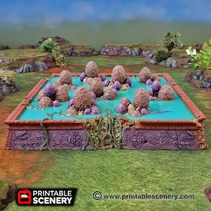 Puede incluir: Una pieza de terreno de juego de mesa impresa en 3D que representa una piscina de agua turquesa rodeada por una pared de piedra púrpura y marrón. La piscina está llena de huevos alienígenas púrpuras y marrones.