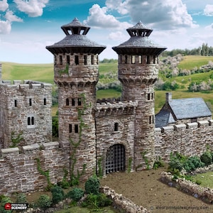 Torenpoort Kasteel Historische ronde gebouw Fort Verdediging Kantelen Afdrukbaar landschap Wargaming RPG Kerkertegels Normandische koning Middeleeuwen