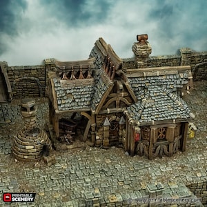 May include: A detailed model of a medieval blacksmith's shop with a stone chimney, a forge, and a wooden door. The building is made of wood and stone and has a slate roof. The model is painted in shades of brown, grey, and black.