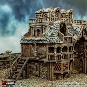 May include: A detailed model of a wooden building with a slate roof, multiple windows, and a wooden staircase. The building has a weathered, aged look and is set against a cloudy sky.
