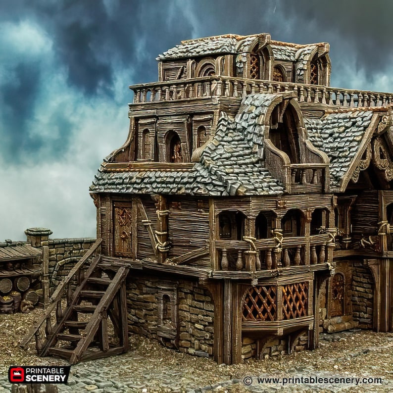 May include: A detailed model of a wooden building with a slate roof, multiple windows, and a wooden staircase. The building has a weathered, aged look and is set against a cloudy sky.