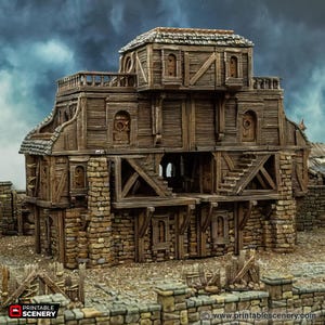 May include: A detailed model of a weathered wooden building with a stone foundation. The building has multiple levels and features a variety of architectural details, including windows, doors, and a staircase. The model is painted in shades of brown, grey, and white, giving it a realistic appearance.