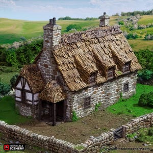 May include: A stone cottage with a thatched roof, a wooden door, and a small porch. The cottage is surrounded by a stone wall and green grass.