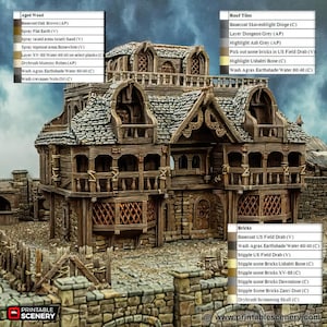 May include: A detailed model of a medieval building with a wooden frame and stone walls. The model is painted in various shades of brown, grey, and white. The model is part of a set of printable scenery for tabletop games.
